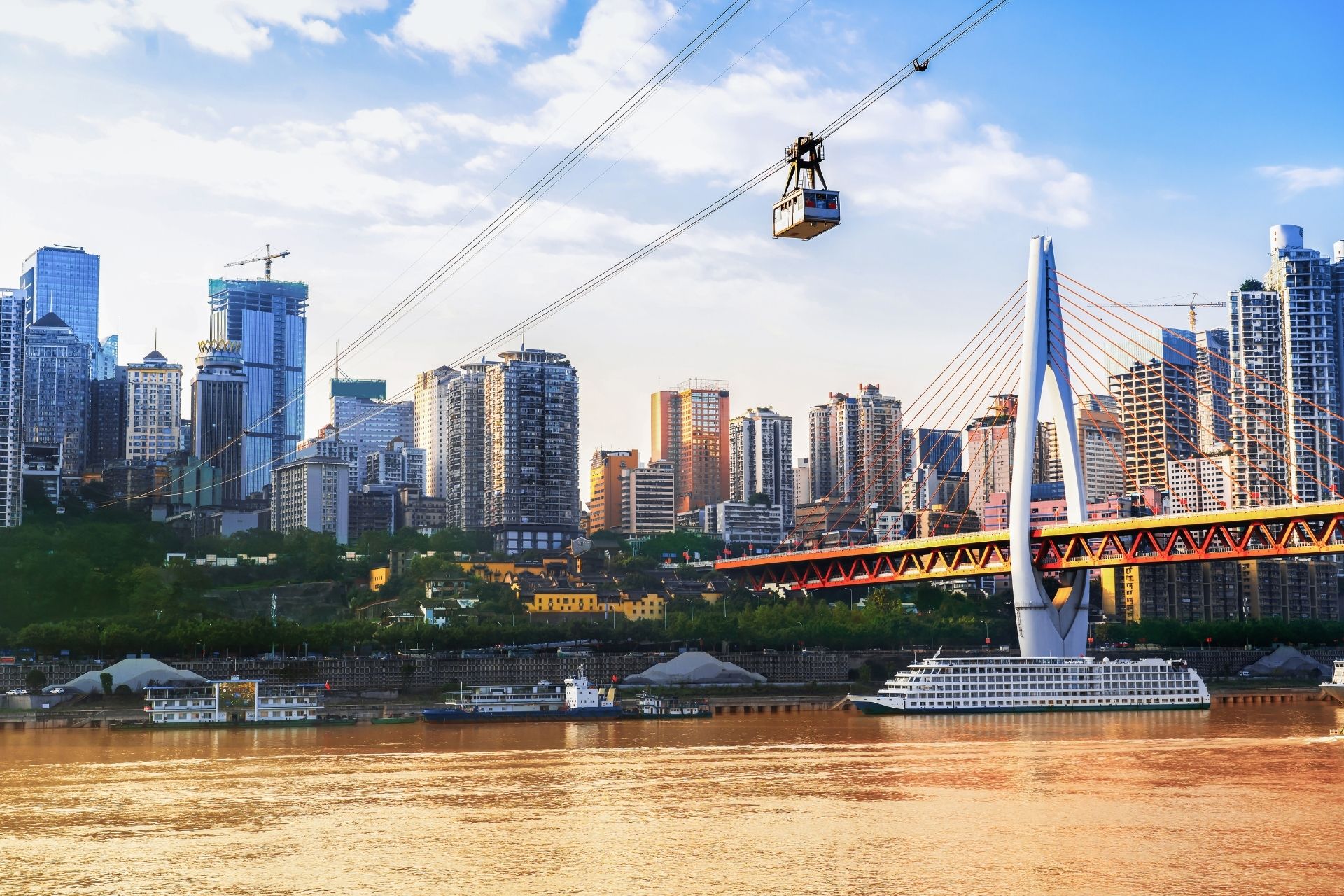 View from cableway over Yangtze river in Chongqing city, Chongqing,China